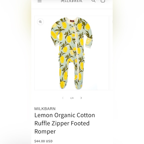 MILKBARN Lemon Organic Cotton Ruffle Zipper Footed
Romper 0-3M - Picture 2 of 7